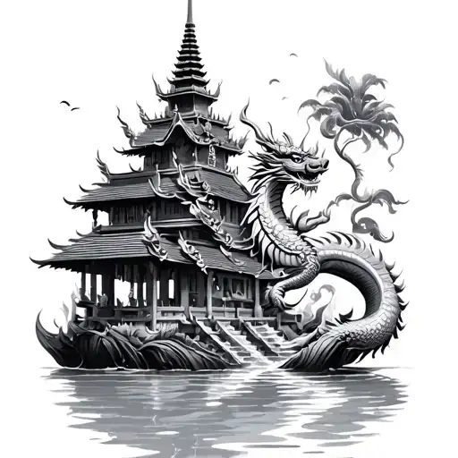 Thai Tempel On Island Surrounded With Water And Dragon