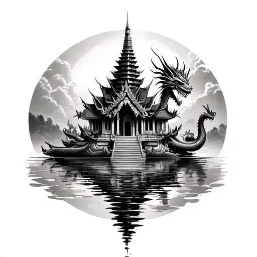 Thai Tempel On Island Surrounded With Water And Dragon