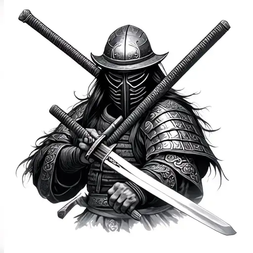 Samurai With Katana In Mask Black And White Tattoo Sketch