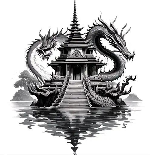 Thai Tempel On Island Surrounded With Water And Dragon