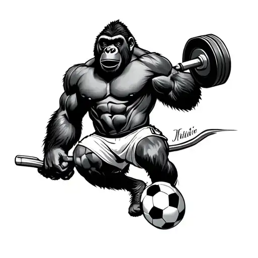 Leg Soccer Inspired Tattoo With Gorilla Lifting Weights