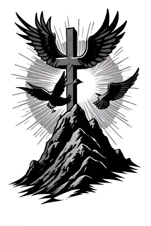 Mountain With Cross With Sun Rays And Doves