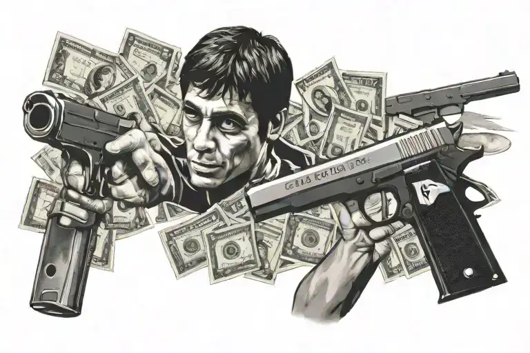 Scarface With Money And Gun And The World Is Yours Writte