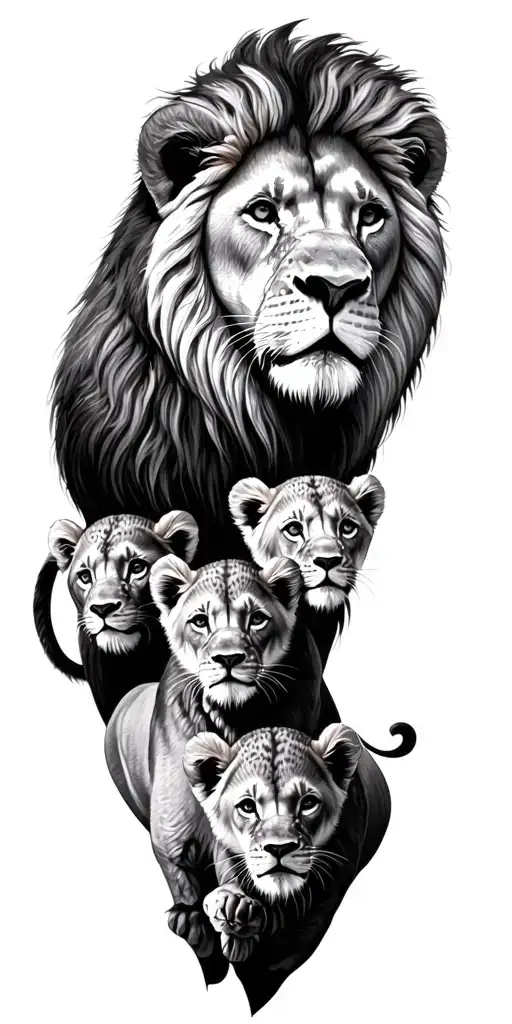 Lion Over His 3 Sons And 1 Daughter Cubs