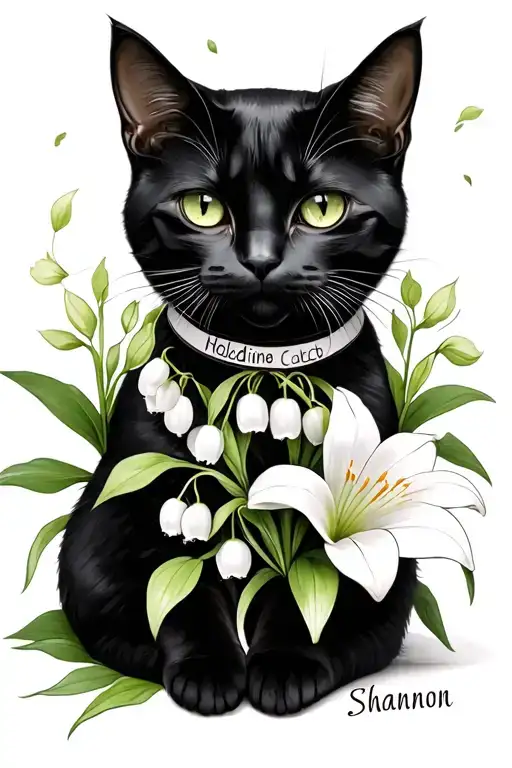 Black Female Cat With A Collar That Says Shannon Holding Lily Of The Valley Flower