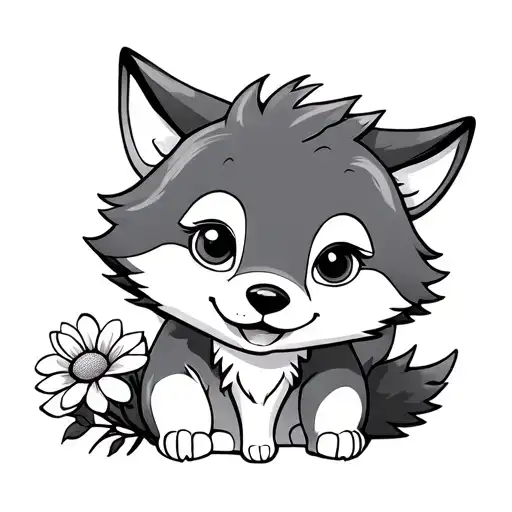Small Happy Wolf Carrying A Flower