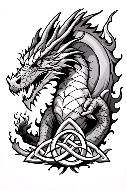 A Fierce Dragon Spewing Fire Holding A Celtic Knot Of Pretection Symbol