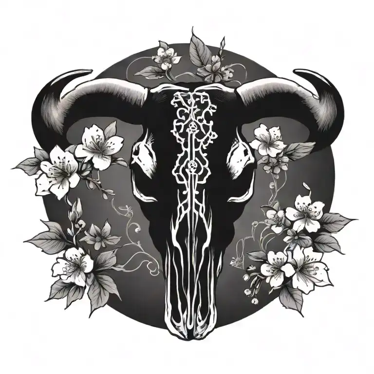 Bull Skull With Cherry Blossoms