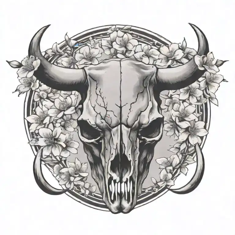 Realistic Bull Skull With Cherry Blossoms