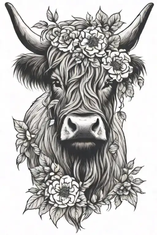 Highland Cow Face With Flowers