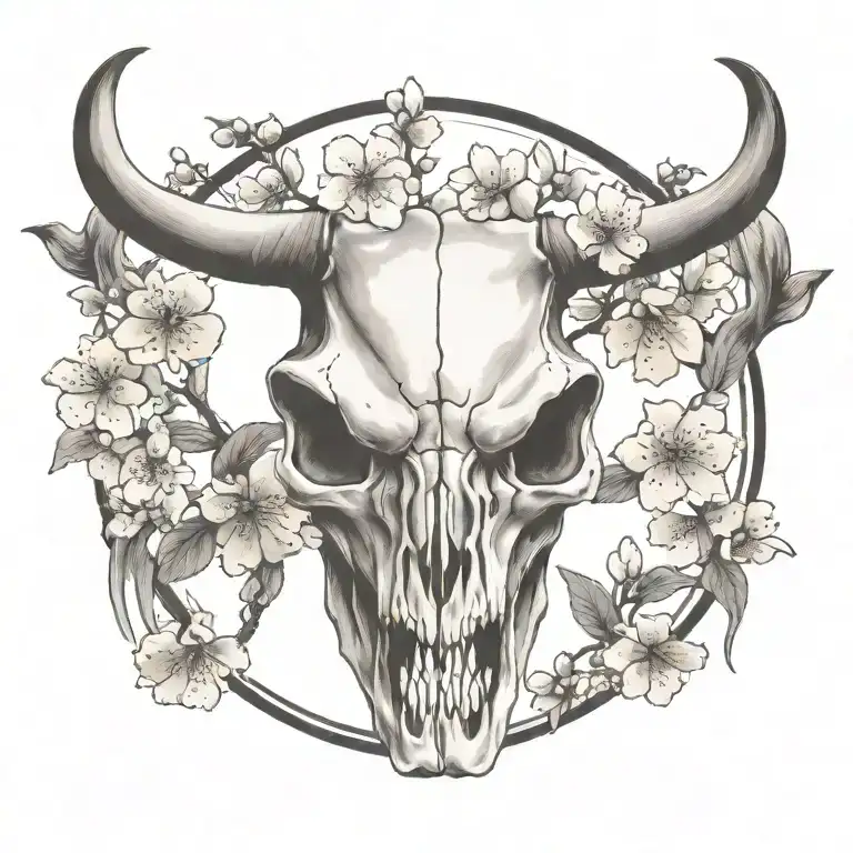 Realistic Longhorn Skull With Cherry Blossoms