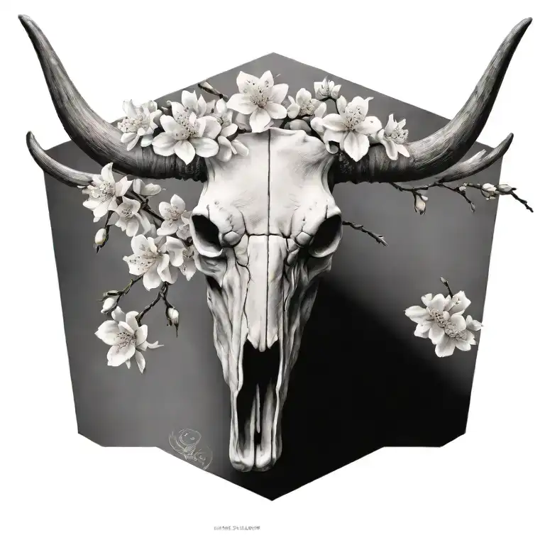 Realistic Longhorn Skull With Cherry Blossoms