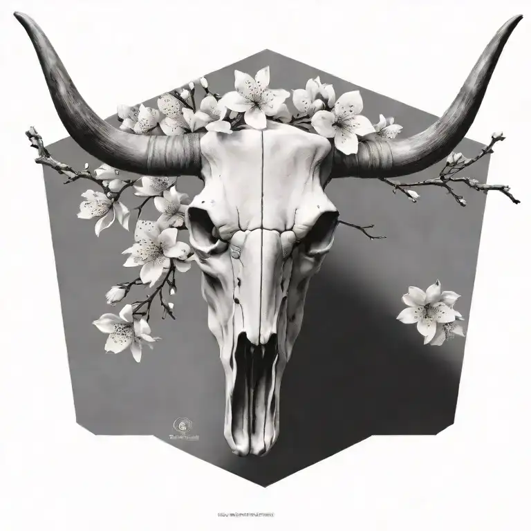 Realistic Longhorn Skull With Cherry Blossoms