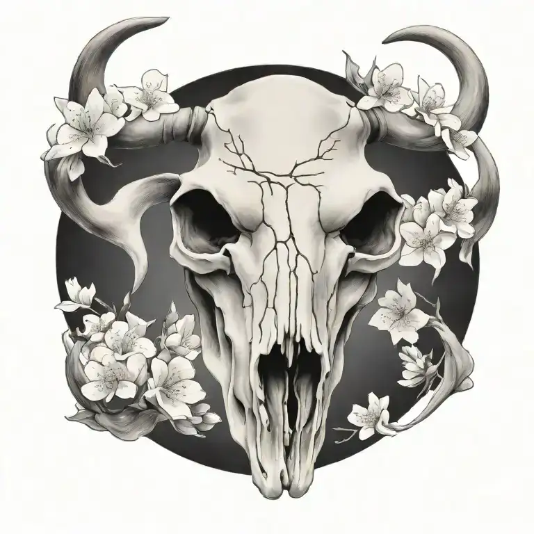 Realistic Longhorn Skull With Cherry Blossoms No Background