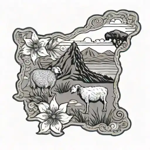 Map Of Nz With Taranaki With A Love Heart And 2 Sheep With Lillies
