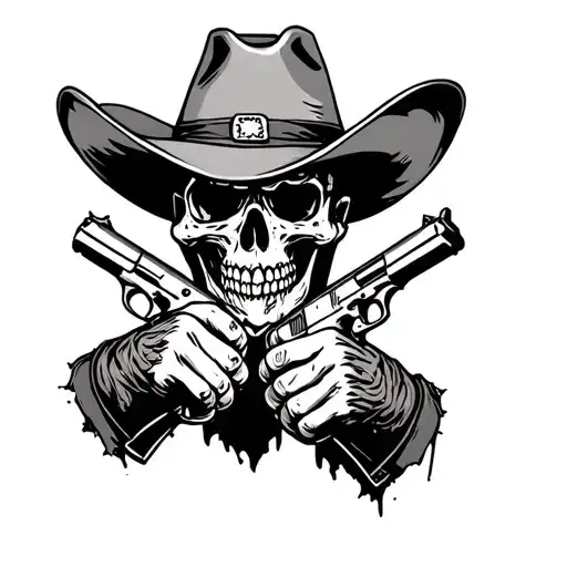 A Cowboy Skull With A Torn Hat And Holding 2 1911 Pistol Only Showing His Hands