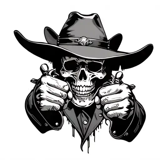 Skull With Torn Cowboy Hat Pointing 2 Revolvers At Himself