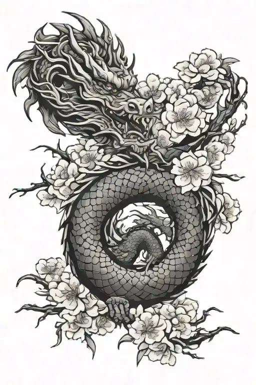 Full Black Japanese Dragon And Sakura Flowers In Black And Red