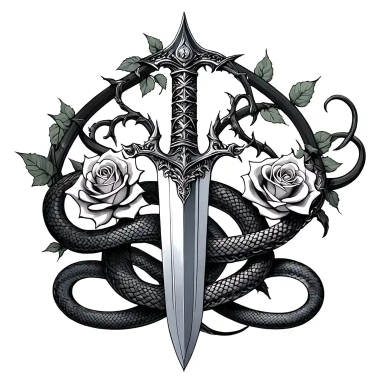 Sword With Roses With Thorns And A Snake Wrapped Around