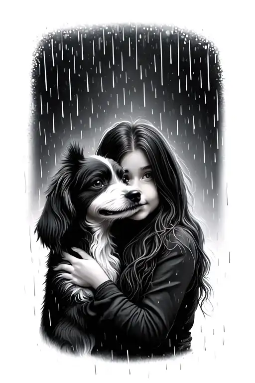 Girl And Dog Hugging In The Rain