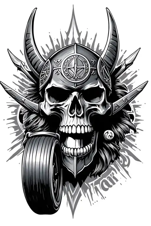Viking Warrior Skull With Runes And Motorcycle