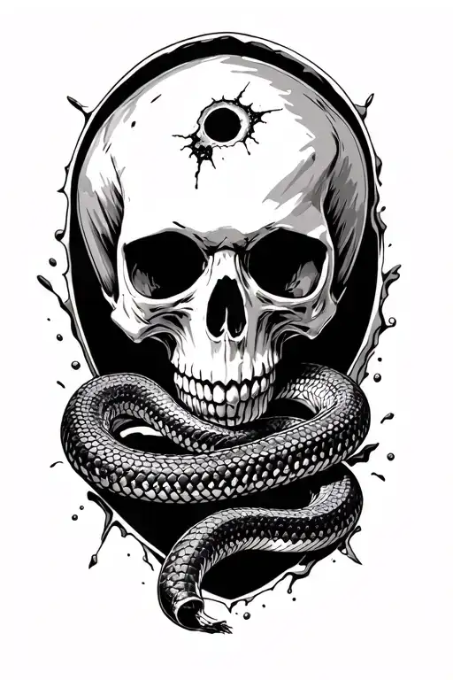 Skull With A Bullet Hole In The Forehead And And A Rattle Snake Coming Out Of The Hole