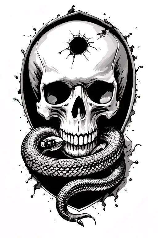 Skull With A Bullet Hole In The Forehead And And A Rattle Snake Coming Out Of The Hole