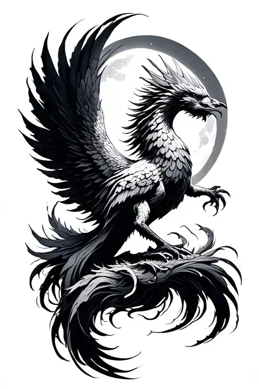 Phoenix Rising Brush Stroke Line With Moon