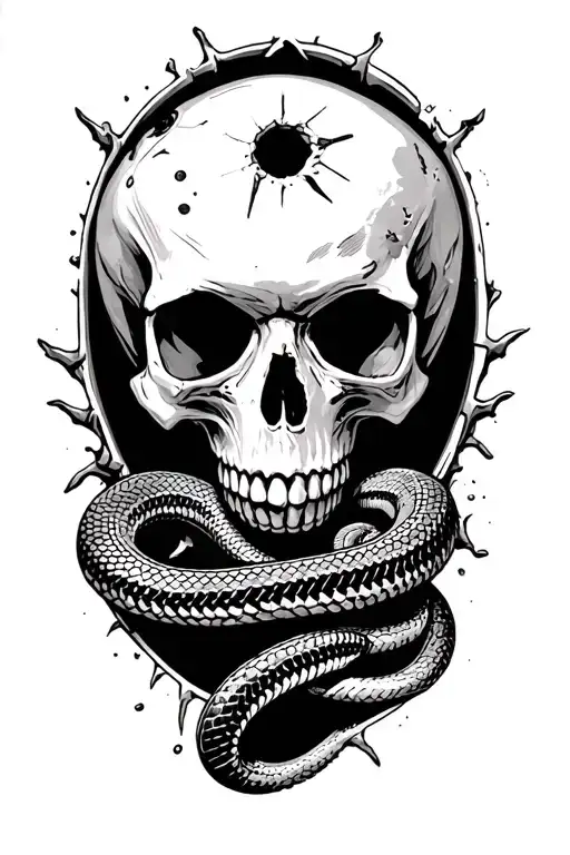 Skull With A Bullet Hole In The Forehead And And A Rattle Snake Coming Out Of The Hole In The Skull