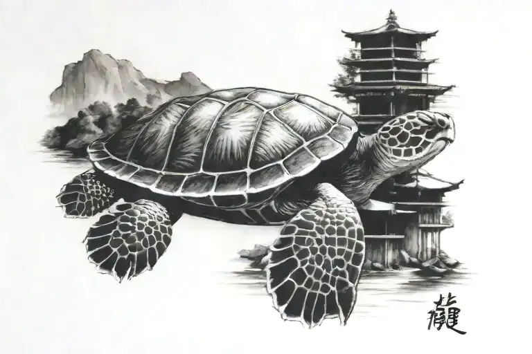 Realistic Looking Sea Turtle Facing Left In Front Of Miyajima Torii