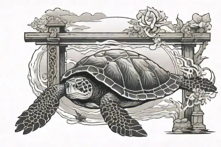 Sea Turtle Swimming In Front Of A Torii Gate