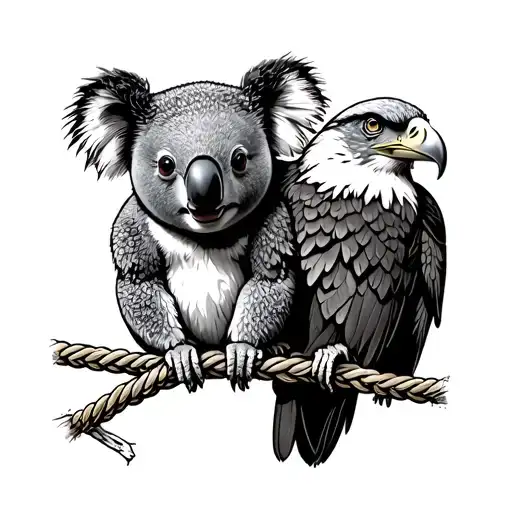 Koala And Eagle Clinging To A Square Rope Knot