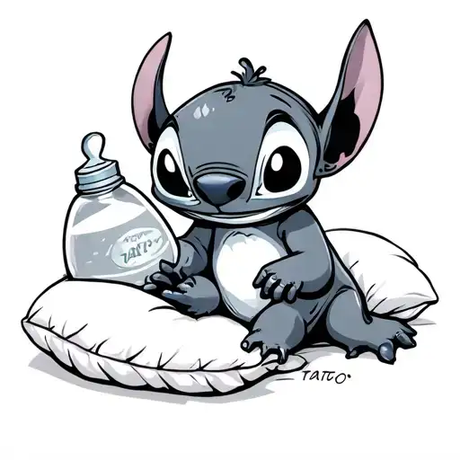 Stitch Holding A Baby Bottle Laying On A Pillow