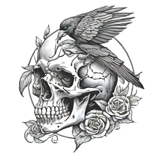 Realistic Skull Portrait With A Crow