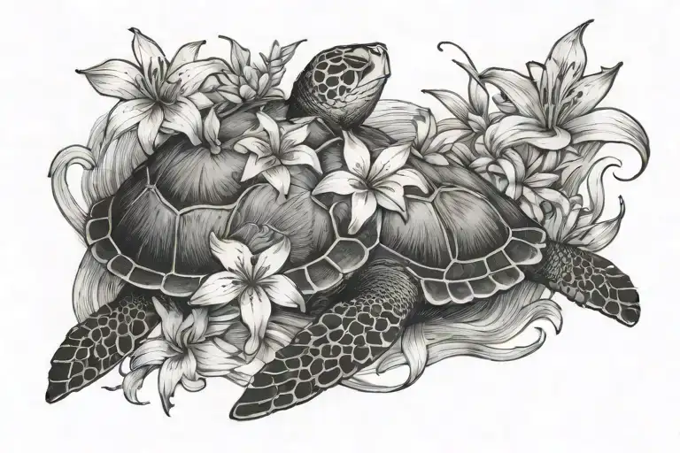 Sea Turtle With Lilac And Lily Flowers Blooming Tattooi'm