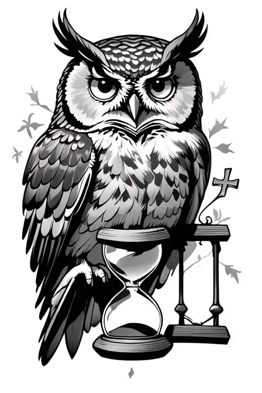 Owl Flying With Cross And Hourglass