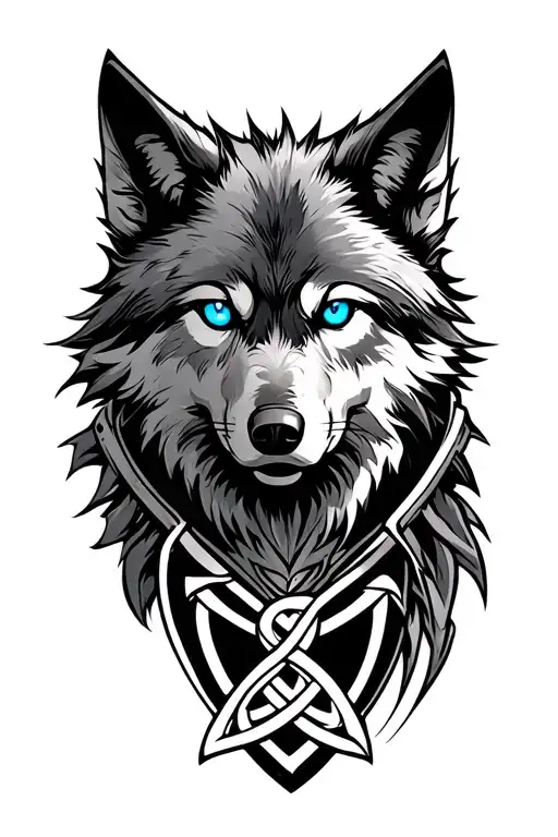 Wolf With Blue Eyes On Armor Tattoo Design Featuring Celtic Trinity Knot