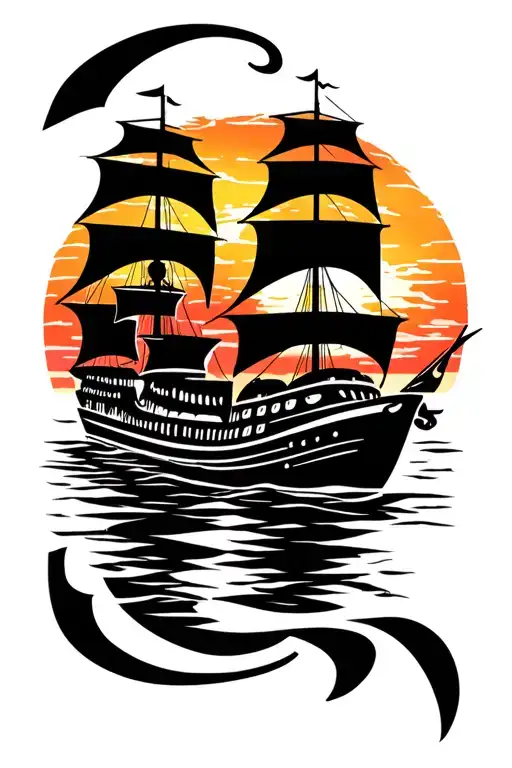 Adinkra Symbols Incorporated With A Navy Ship Sailing Into The Sunset