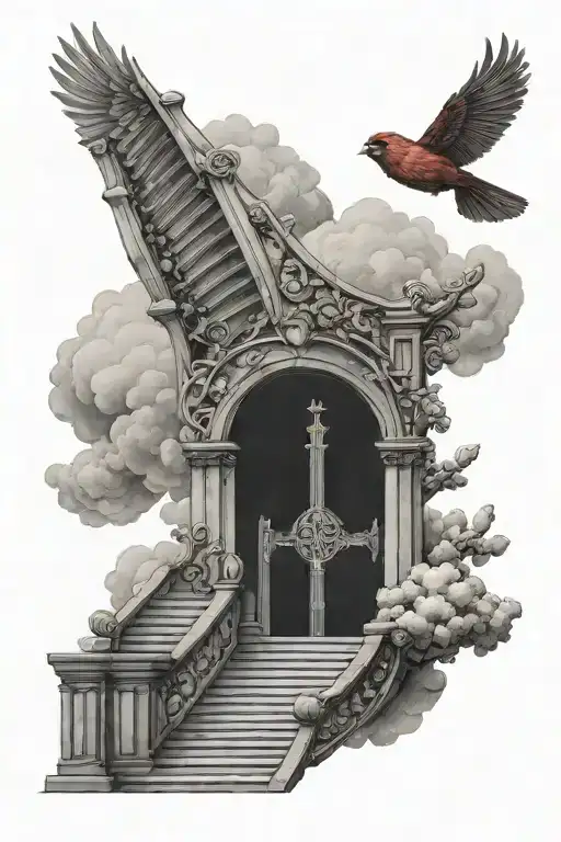Red Cardinal Bird Flying Towards Heaven Staircase With Clouds