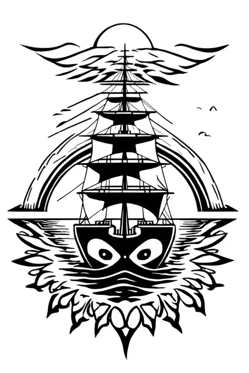 Adinkra Symbols For Chief Incorporated With A Navy Ship Sailing Into The Sunset