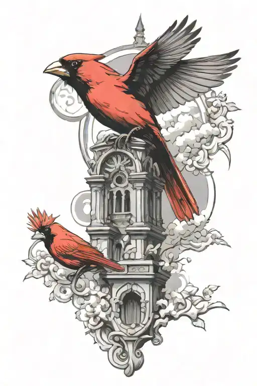 Red Cardinal Flying Toward Heaven Gates