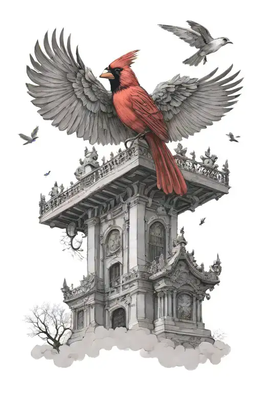 Red Cardinal Flying Toward Heaven Gates Someone Walking