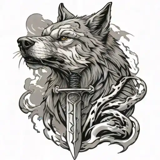 Lightning And Wolf With Sword In Its Mouth