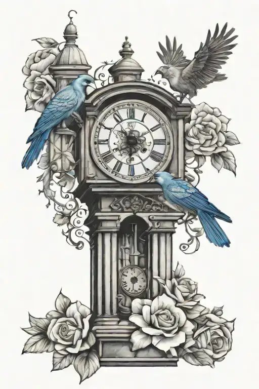 Arm Sleeve Tatto With Old Train Clock Tower And Rosella Birds