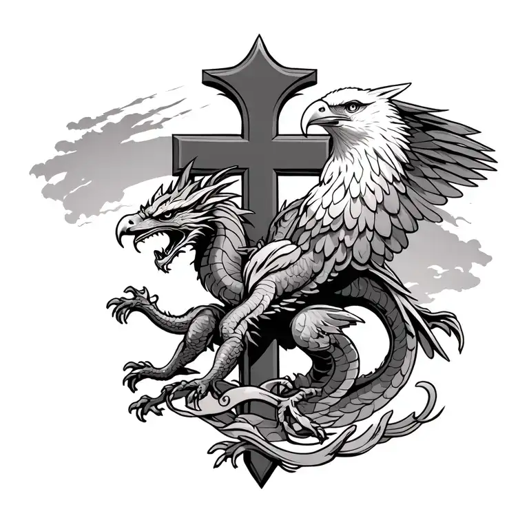 Cross With Dragon On Left And Bald Eagle On Right