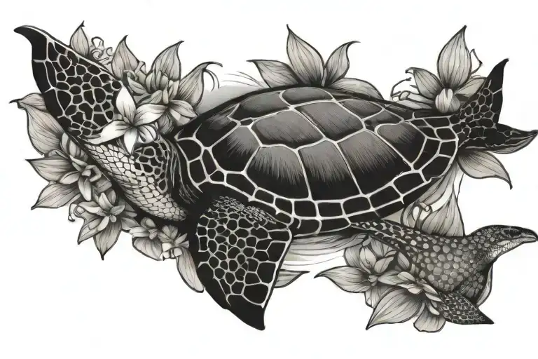 Sea Turtle And Eagle Ray Gracefully Swimming With Blooming Lilac And Lily