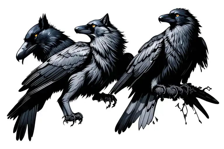 Wolf And Two Ravens Perched