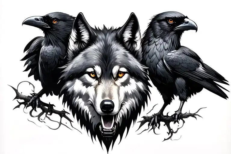 Wolf And Two Ravens