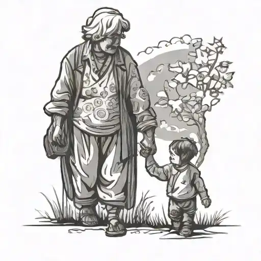 Silhouette Of Grandma And Grandson Holding Hands