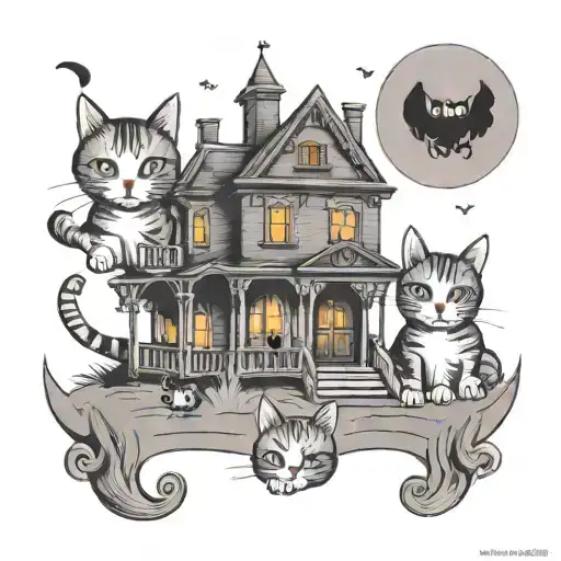 Haunted House With Halloween Cats Sitting
